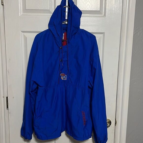 🔥🔥 True Vintage KANSAS JAYHAWKS Nylon Pullover Hooded Jacket -PERFECT - Mens L - Picture 1 of 8